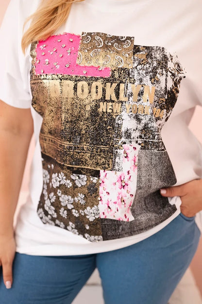 Dámska bavlnená blúzka Plus Size s farebnou potlačou biela + ružová univerzálne