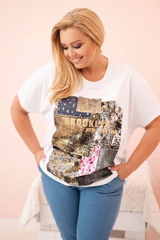 Dámska bavlnená blúzka Plus Size s farebnou potlačou biela + tmavomodrá univerzálne