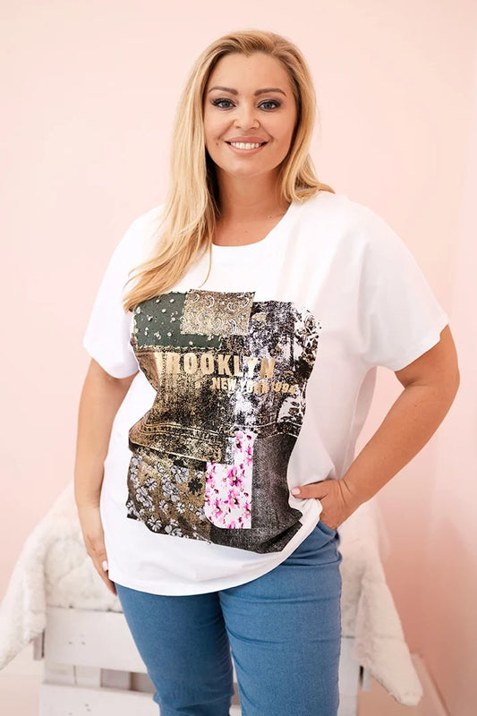 Dámska bavlnená blúzka Plus Size s farebnou potlačou biela + khaki univerzálne