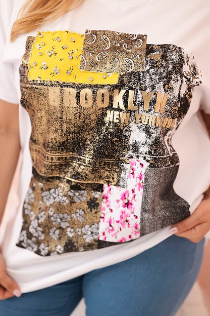 Dámska bavlnená blúzka Plus Size s farebnou potlačou biela + žltá univerzálne