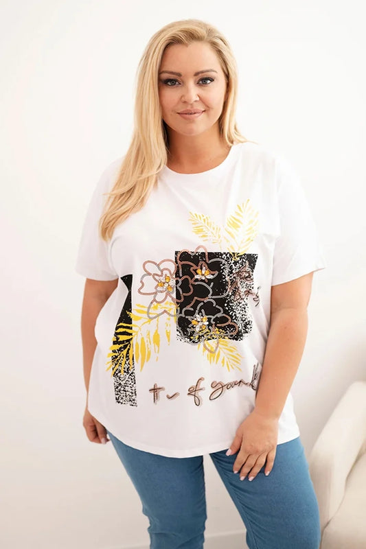 Dámska bavlnená blúzka Plus Size s ozdobnou kvetinovou potlačou biela + žltá univerzálne