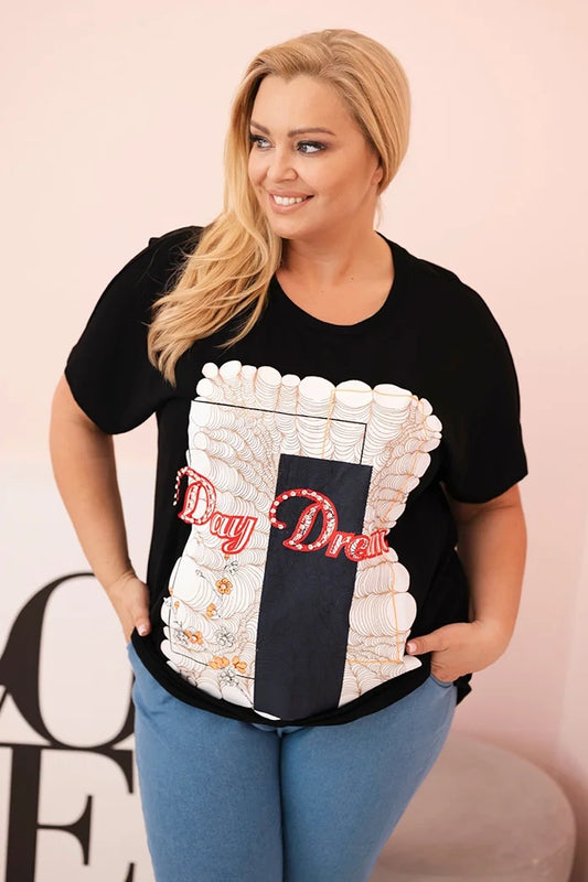 Dámska bavlnená blúzka Plus Size s nápisom „Day Dream“ čierna + tmavomodrá univerzálne