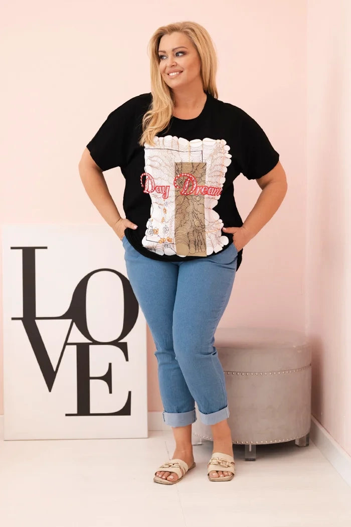 Dámska bavlnená blúzka Plus Size s nápisom „Day Dream“ čierna + ťavia univerzálne