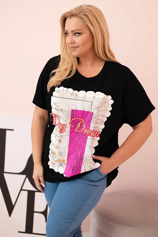 Dámska bavlnená blúzka Plus Size s nápisom „Day Dream“ čierna + ružová univerzálne