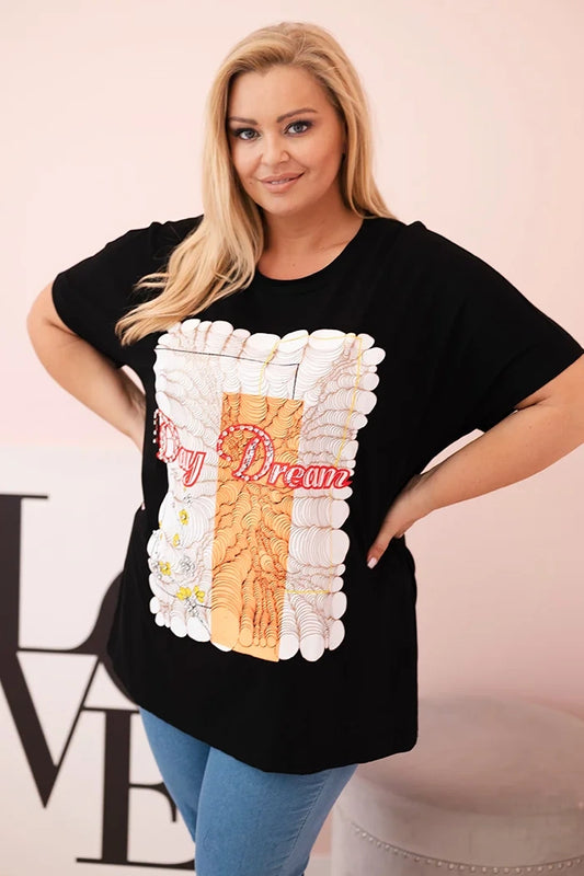 Dámska bavlnená blúzka Plus Size s nápisom „Day Dream“ čierna + oranžová univerzálne