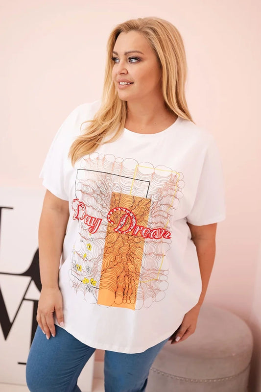 Dámska bavlnená blúzka Plus Size s nápisom „Day Dream“ biela + oranžová univerzálne