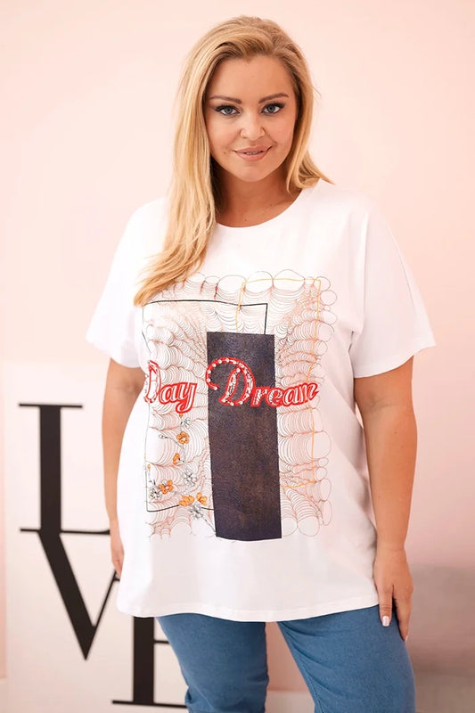 Dámska bavlnená blúzka Plus Size s nápisom „Day Dream“ biela + tmavomodrá univerzálne