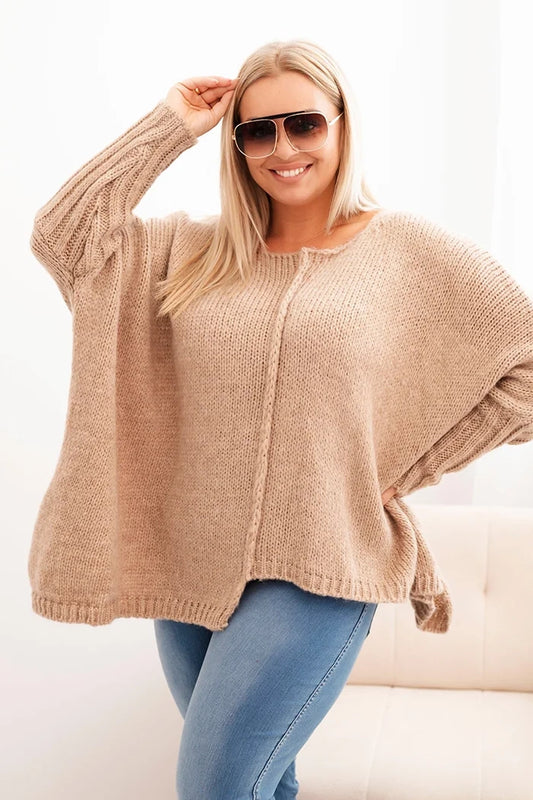 Dámsky sveter Plus Size z akrylom vo voľnom strihu a rukávom 3/4 camelový univerzálne