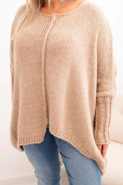 Dámsky sveter Plus Size z akrylom vo voľnom strihu a rukávom 3/4 camelový univerzálne