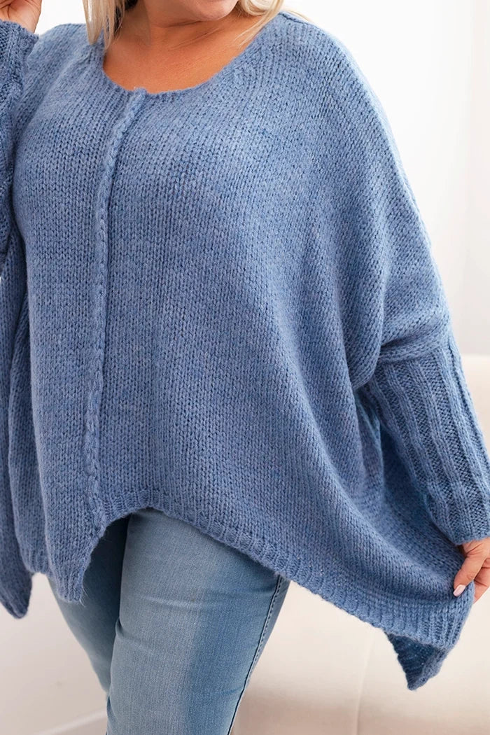 Dámsky sveter Plus Size z akrylom s voľným strihom a rukávom 3/4 denimový univerzálne