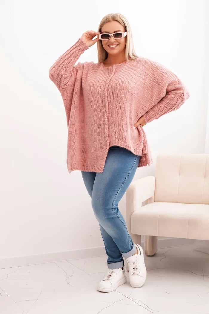 Dámsky sveter Plus Size z akrylom vo voľnom strihu a rukávom 3/4 tmavoružový univerzálne