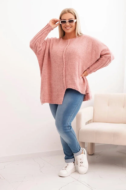 Dámsky sveter Plus Size z akrylom vo voľnom strihu a rukávom 3/4 tmavoružový univerzálne