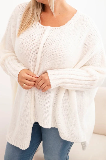 Dámsky sveter Plus Size z akrylom vo voľnom strihu a rukávom 3/4 ecru univerzálne