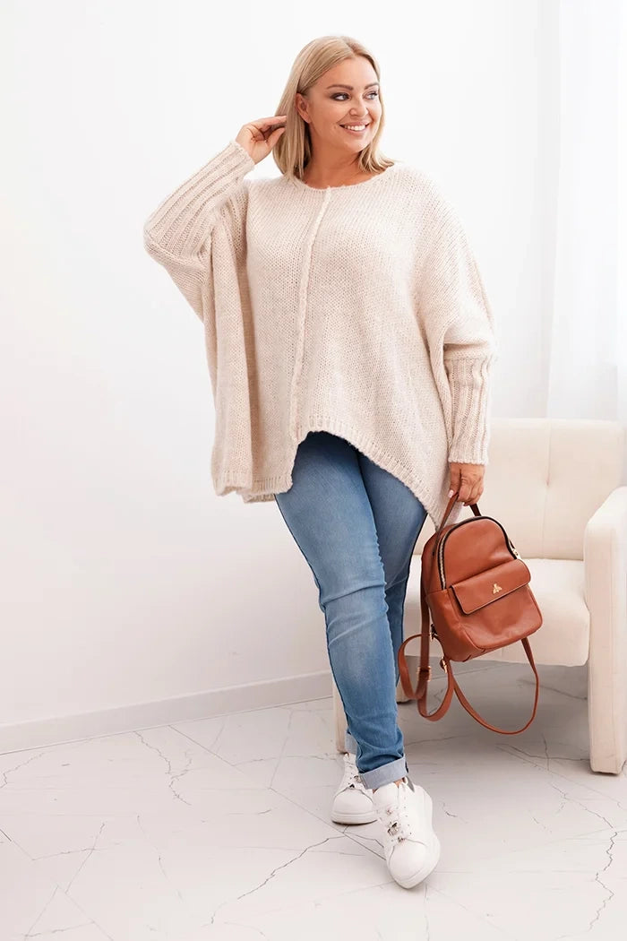 Dámsky sveter Plus Size z akrylom s voľným strihom a rukávom 3/4 béžový univerzálne