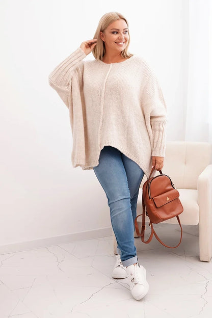 Dámsky sveter Plus Size z akrylom s voľným strihom a rukávom 3/4 béžový univerzálne