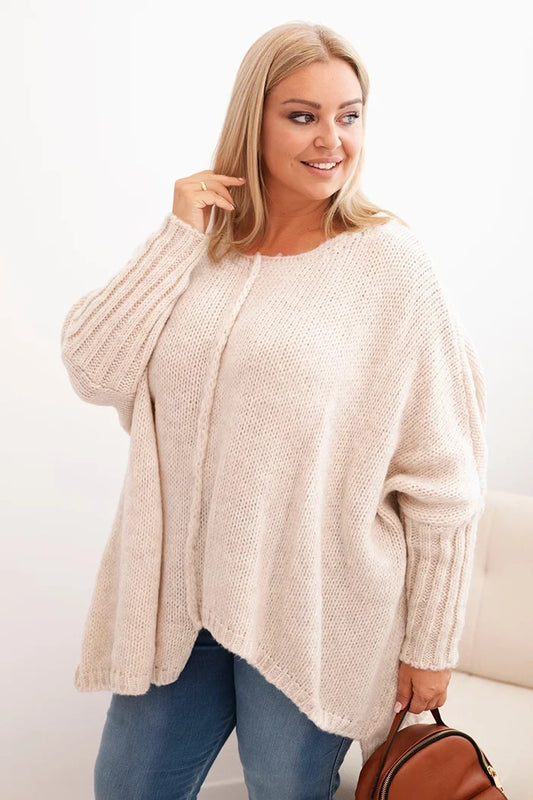 Dámsky sveter Plus Size z akrylom s voľným strihom a rukávom 3/4 béžový univerzálne