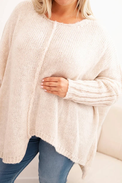 Dámsky sveter Plus Size z akrylom s voľným strihom a rukávom 3/4 béžový univerzálne
