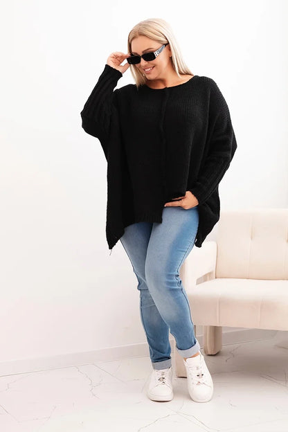 Dámsky sveter Plus Size z akrylom vo voľnom strihu a rukávom 3/4 čierny univerzálne