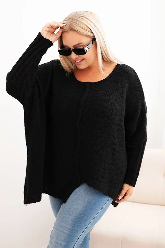 Dámsky sveter Plus Size z akrylom vo voľnom strihu a rukávom 3/4 čierny univerzálne