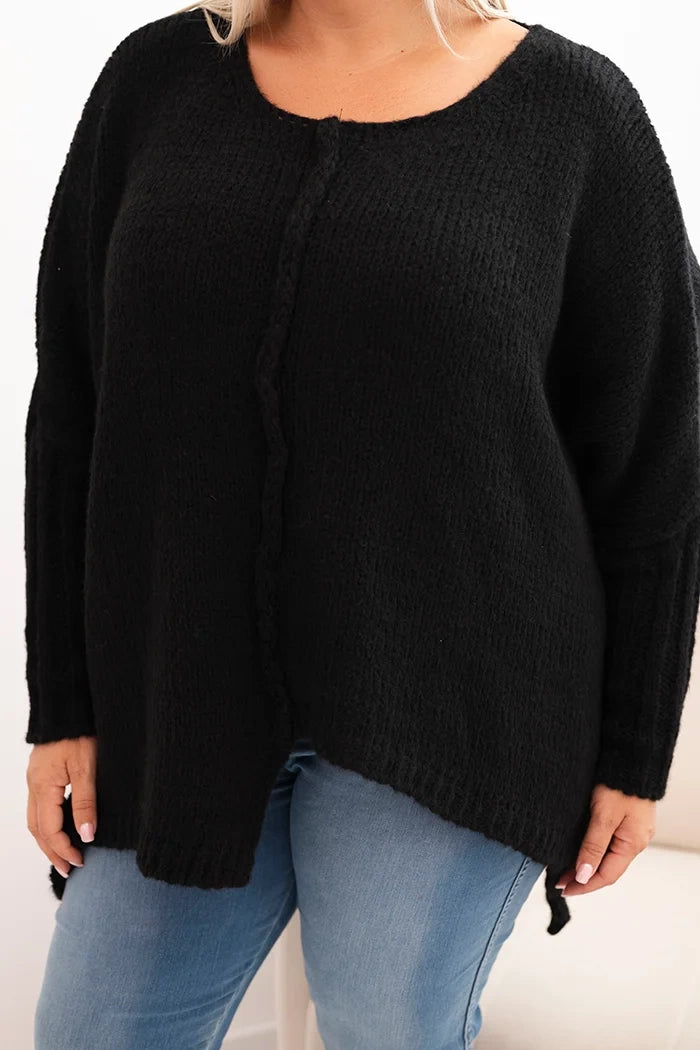 Dámsky sveter Plus Size z akrylom vo voľnom strihu a rukávom 3/4 čierny univerzálne