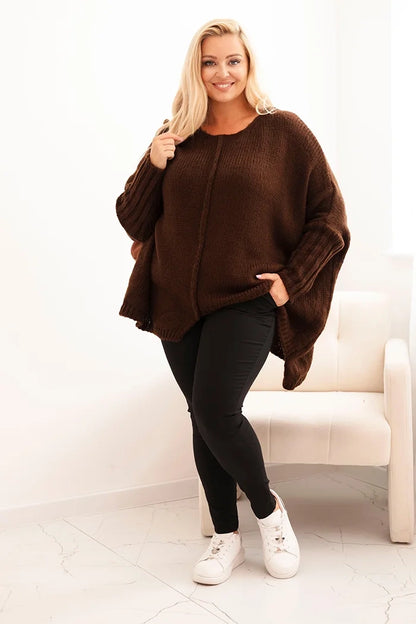 Dámsky sveter Plus Size s akrylom vo voľnom strihu a rukávom 3/4 hnedý univerzálne