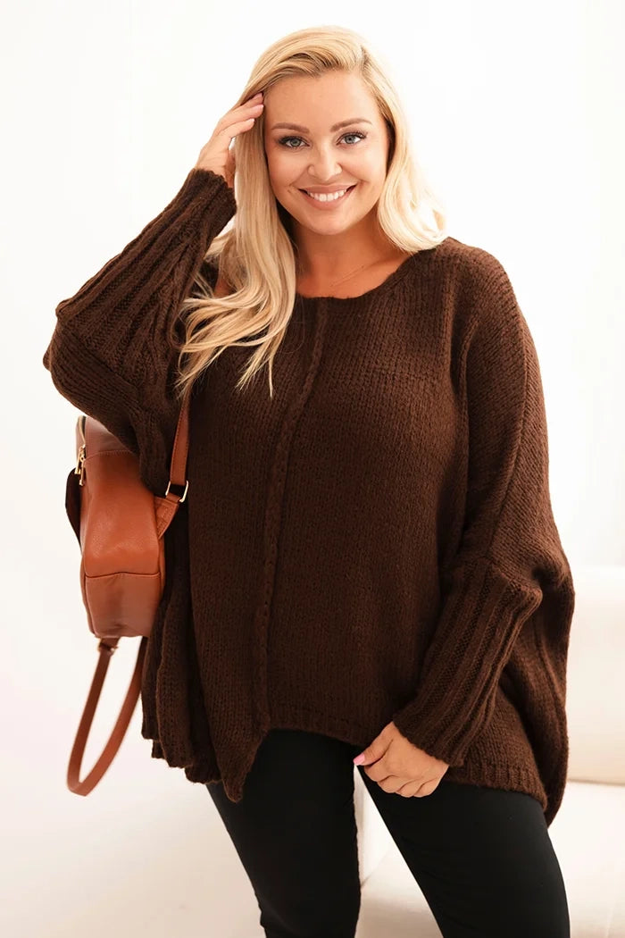 Dámsky sveter Plus Size s akrylom vo voľnom strihu a rukávom 3/4 hnedý univerzálne