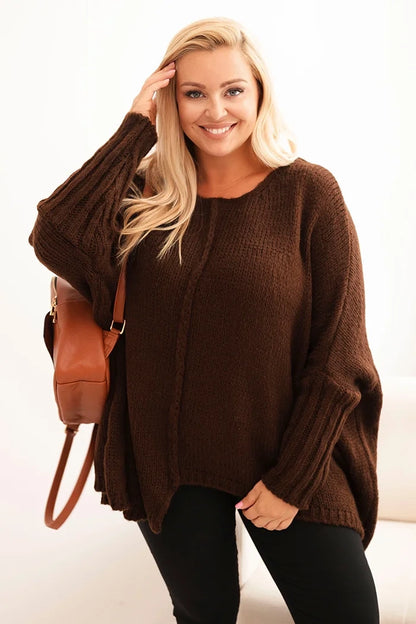 Dámsky sveter Plus Size s akrylom vo voľnom strihu a rukávom 3/4 hnedý univerzálne