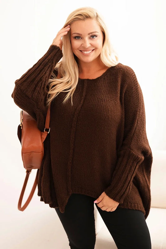 Dámsky sveter Plus Size s akrylom vo voľnom strihu a rukávom 3/4 hnedý univerzálne