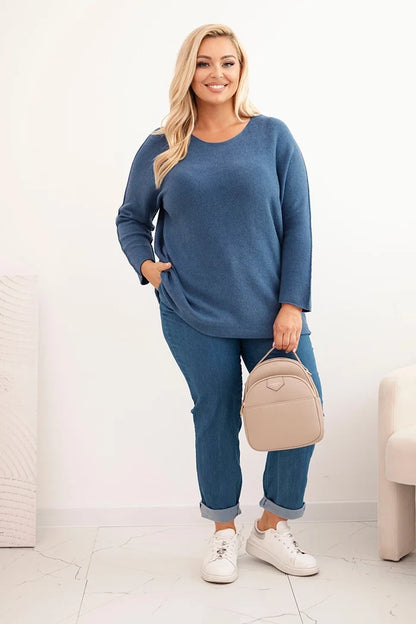 Dámsky sveter plus size s lodičkovým výstrihom džínový univerzálne