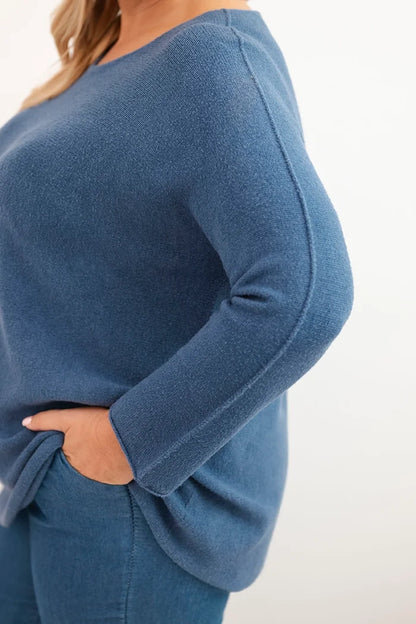 Dámsky sveter plus size s lodičkovým výstrihom džínový univerzálne