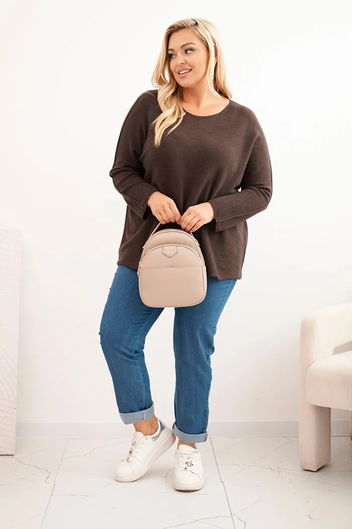 Dámsky sveter plus size s lodičkovým výstrihom hnedý univerzálne