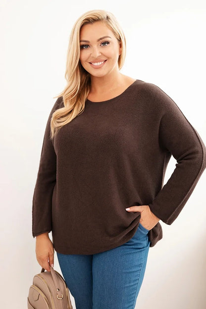 Dámsky sveter plus size s lodičkovým výstrihom hnedý univerzálne