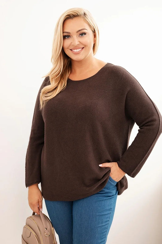 Dámsky sveter plus size s lodičkovým výstrihom hnedý univerzálne