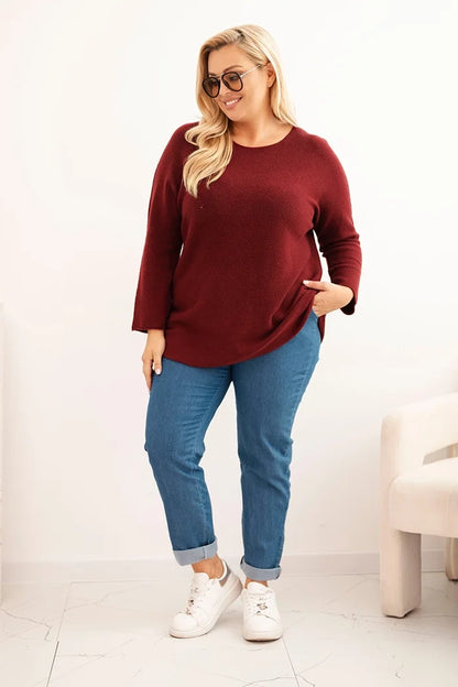 Dámsky sveter plus size s lodičkovým výstrihom bordový univerzálne
