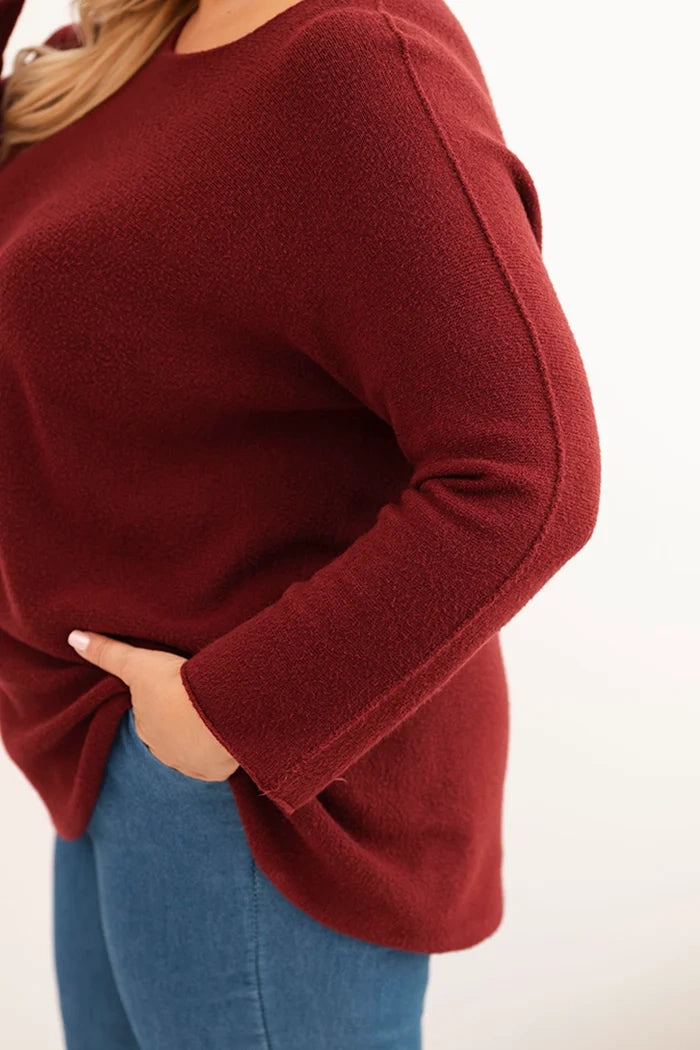 Dámsky sveter plus size s lodičkovým výstrihom bordový univerzálne