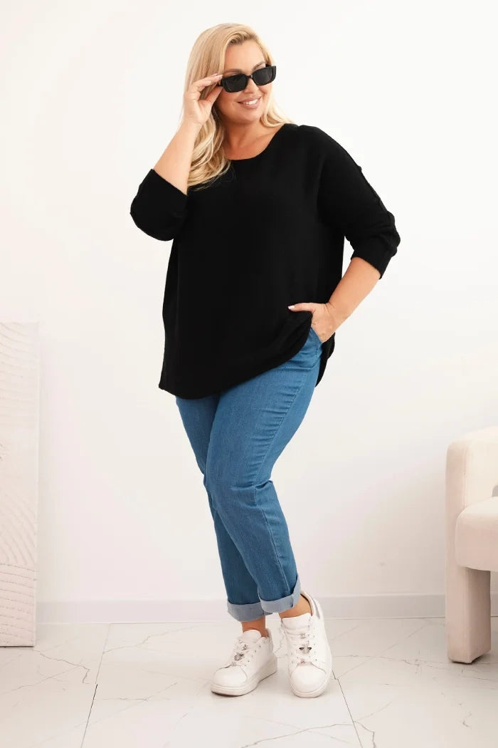Dámsky sveter plus size s lodičkovým výstrihom čierny univerzálne