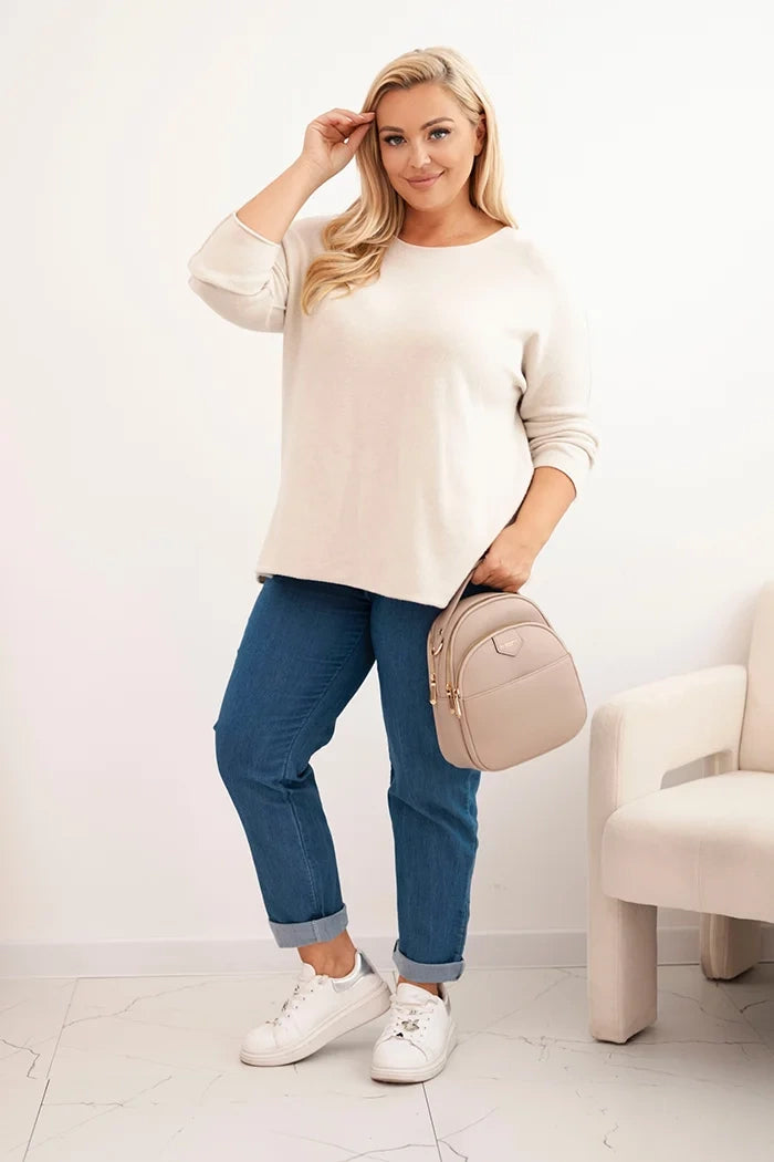 Dámsky sveter plus size s lodičkovým výstrihom béžový univerzálne