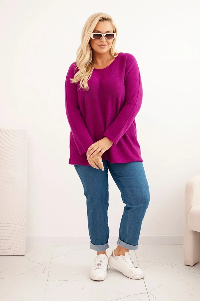 Dámsky sveter plus size s lodičkovým výstrihom tmavo fialový univerzálne