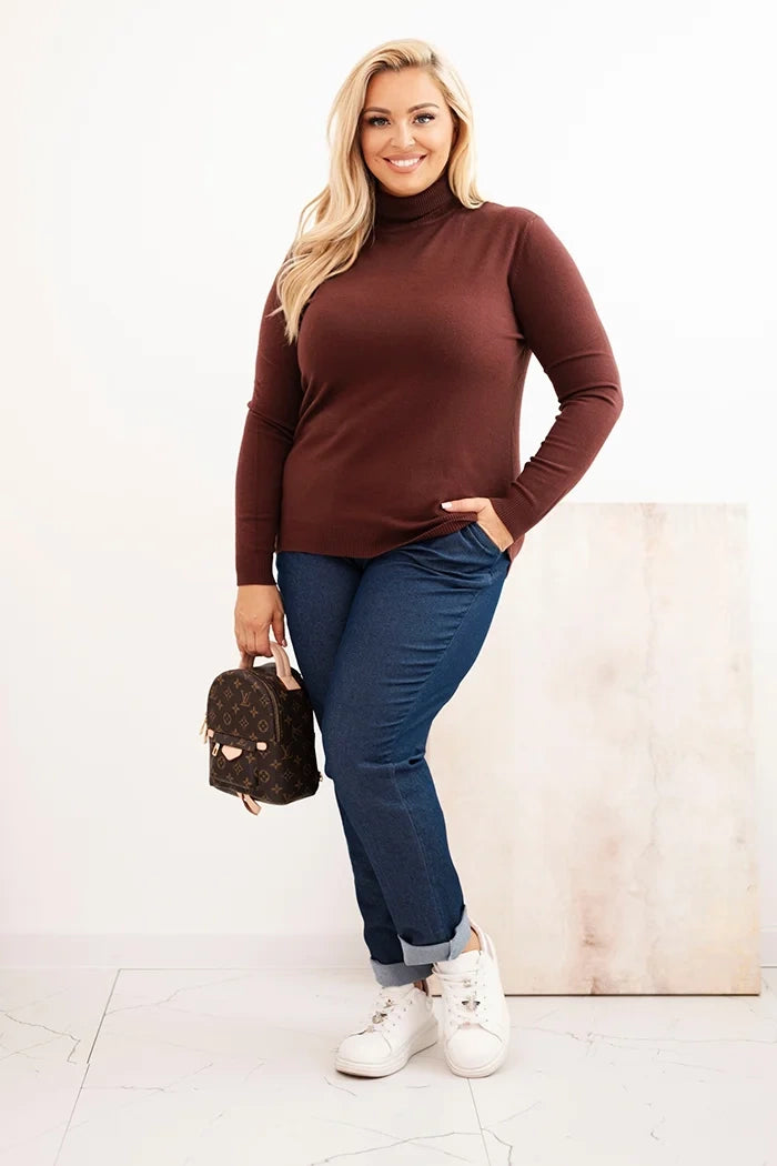 Dámsky sveter Plus Size z viskózy klasického strihu hnedý univerzálne