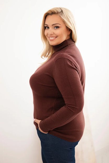 Dámsky sveter Plus Size z viskózy klasického strihu hnedý univerzálne