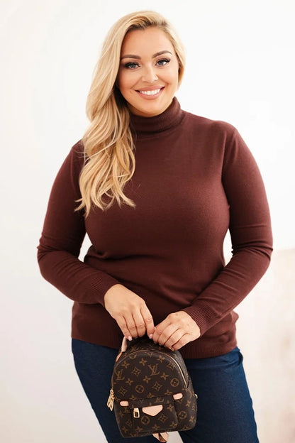 Dámsky sveter Plus Size z viskózy klasického strihu hnedý univerzálne