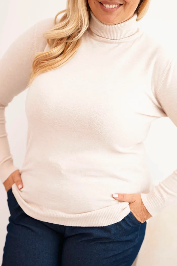 Dámsky sveter Plus Size z viskózy s klasickým strihom béžový univerzálne