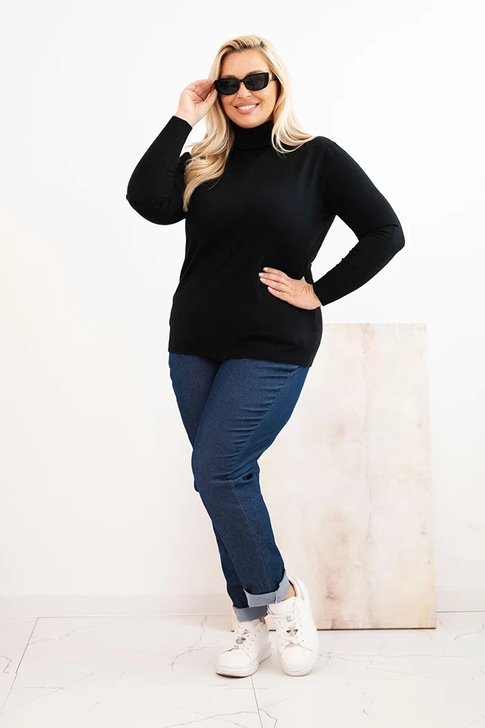 Dámsky sveter Plus Size z viskózy klasického strihu čierny univerzálne