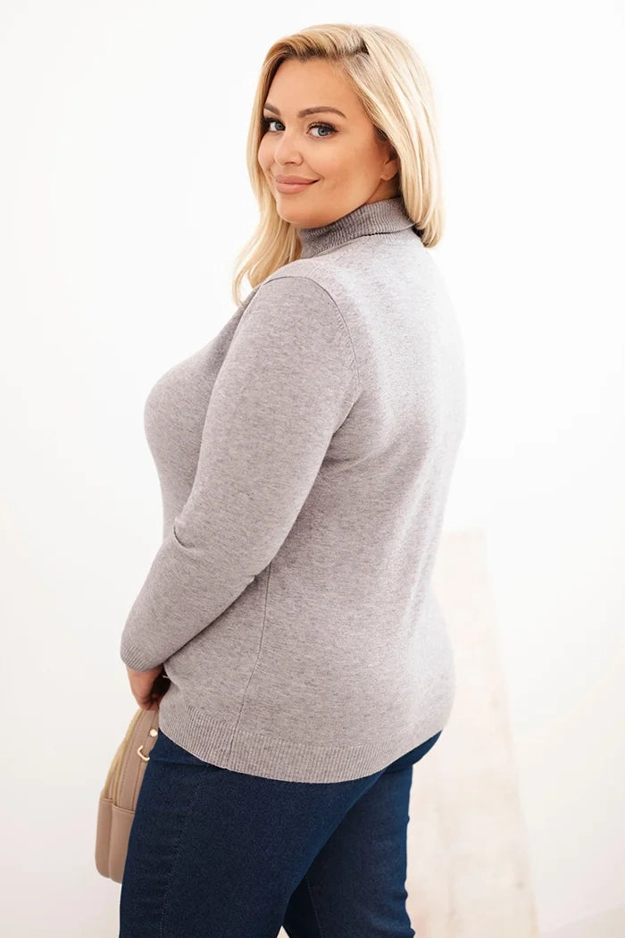 Dámsky sveter Plus Size z viskózy klasického strihu šedý univerzálne