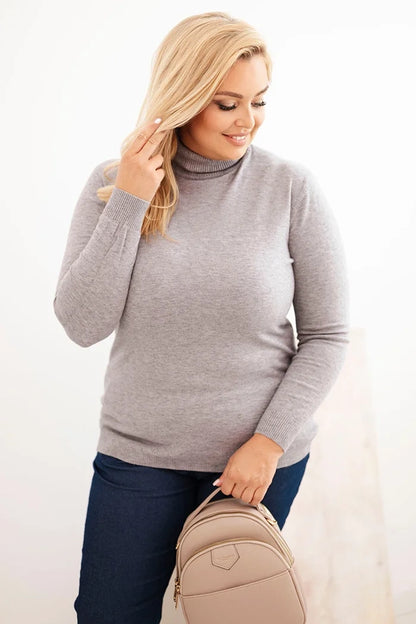 Dámsky sveter Plus Size z viskózy klasického strihu šedý univerzálne