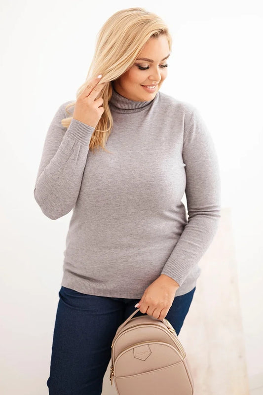 Dámsky sveter Plus Size z viskózy klasického strihu šedý univerzálne