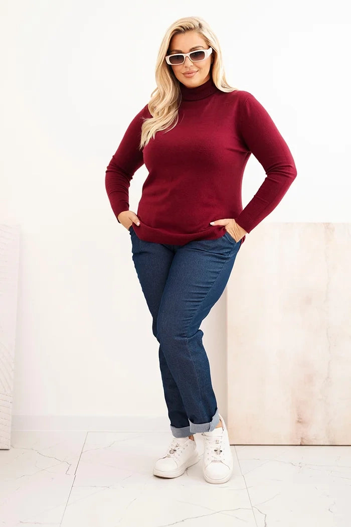 Dámsky sveter Plus Size z viskózy klasického strihu bordový univerzálne