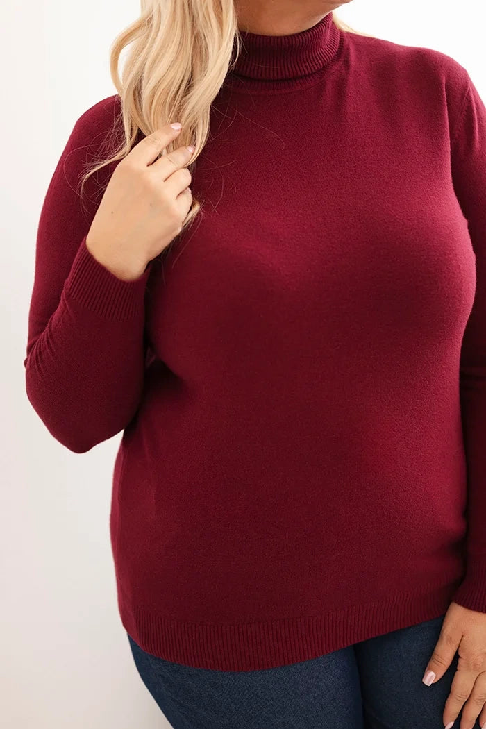 Dámsky sveter Plus Size z viskózy klasického strihu bordový univerzálne