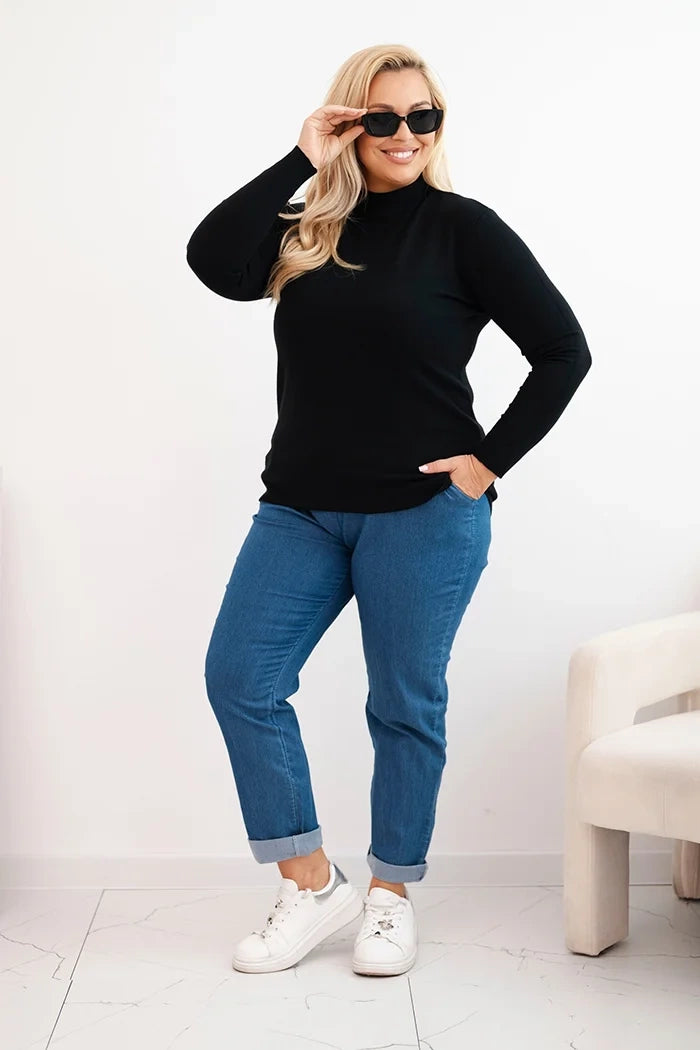 Dámsky sveter Plus Size z viskózy s golierom čierny univerzálne