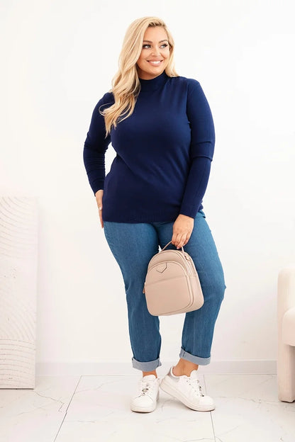 Dámsky sveter Plus Size z viskózy s golierom modrý univerzálne